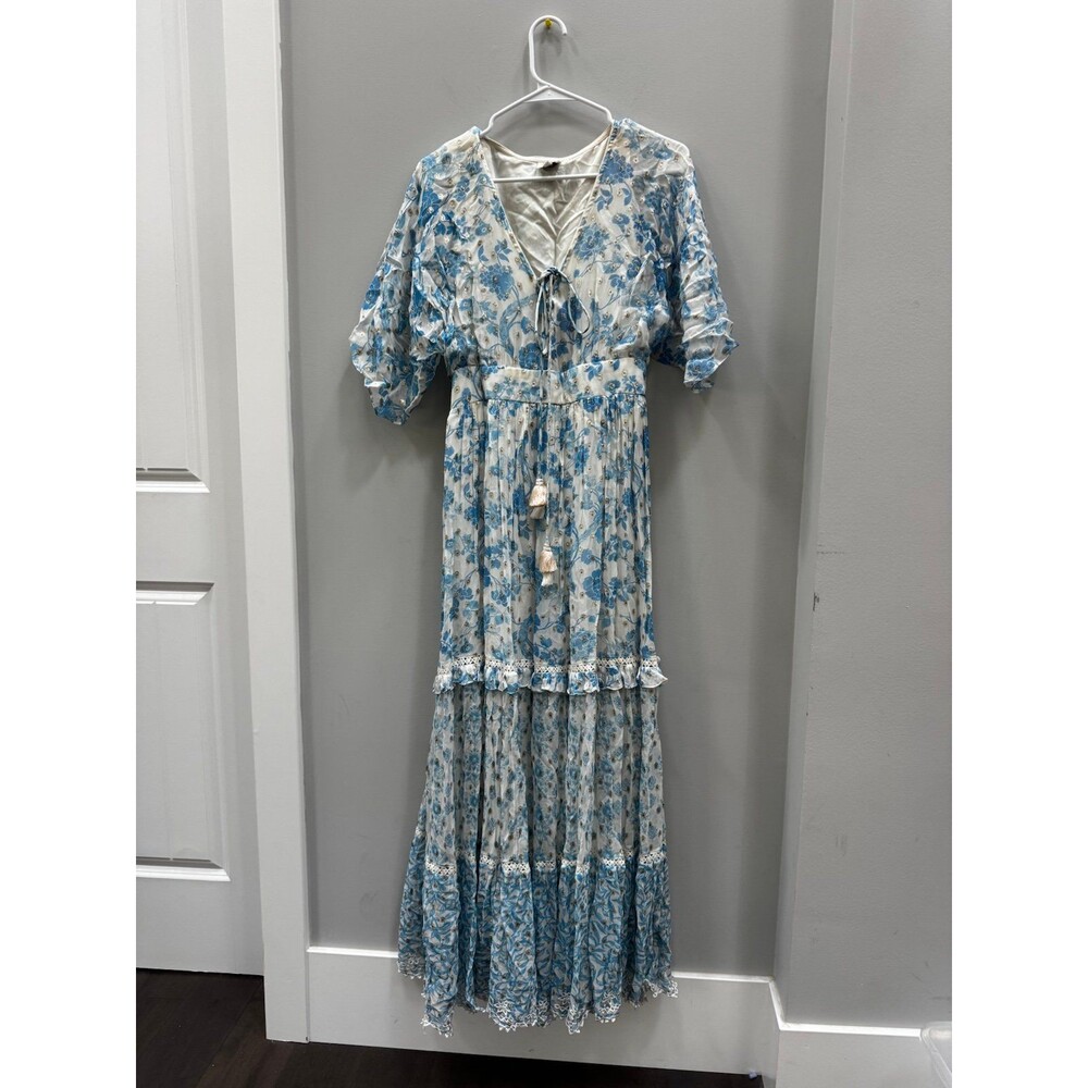 HEMANT & NANDITA Calee Floral Tiered Maxi Dress Blue and White Small